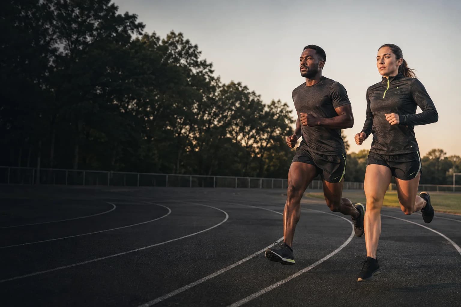 Athletes practising running on an outdoor track