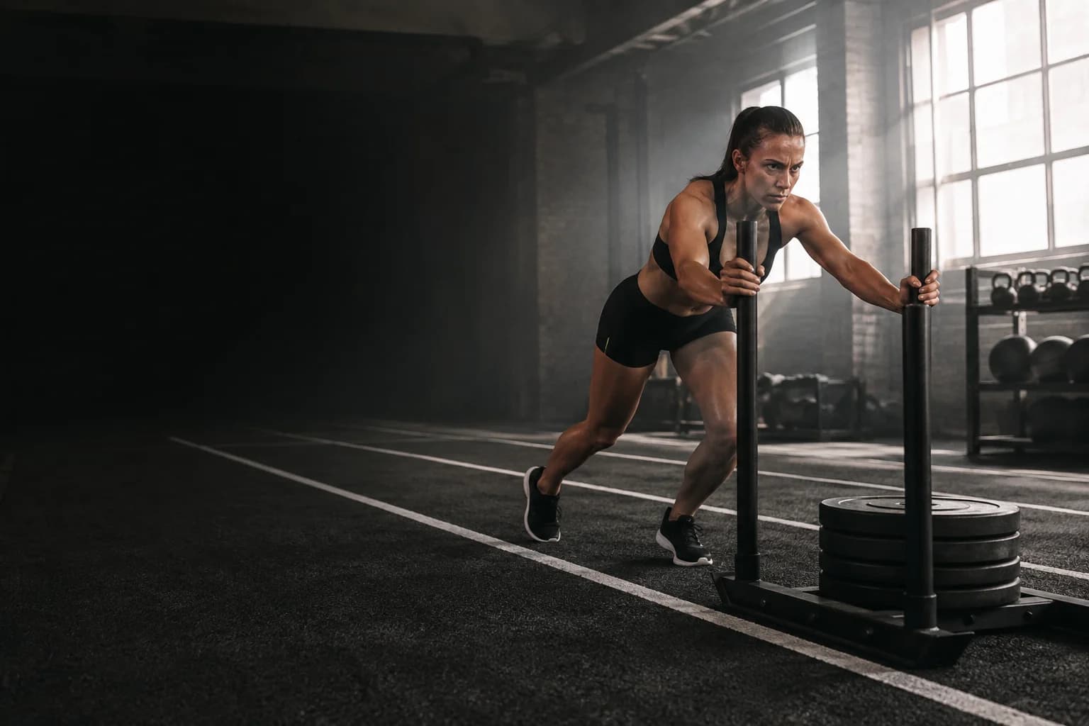 Sled push training in an indoor hybrid gym