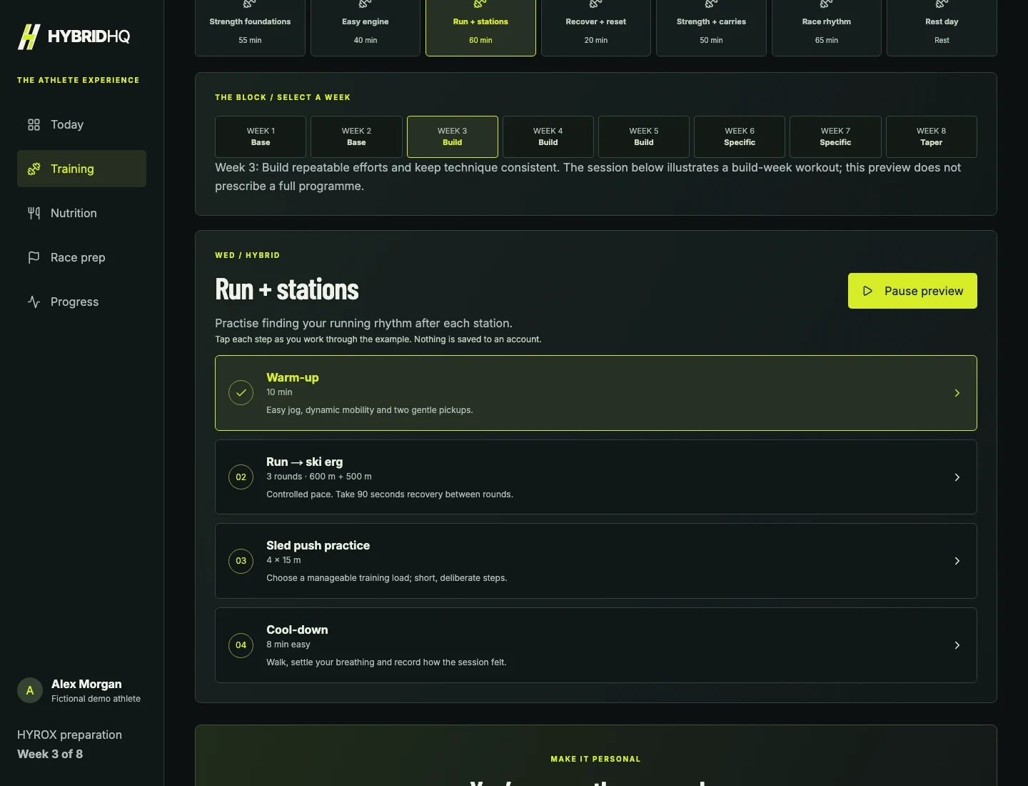 HybridHQ training demo showing a weekly plan and session details